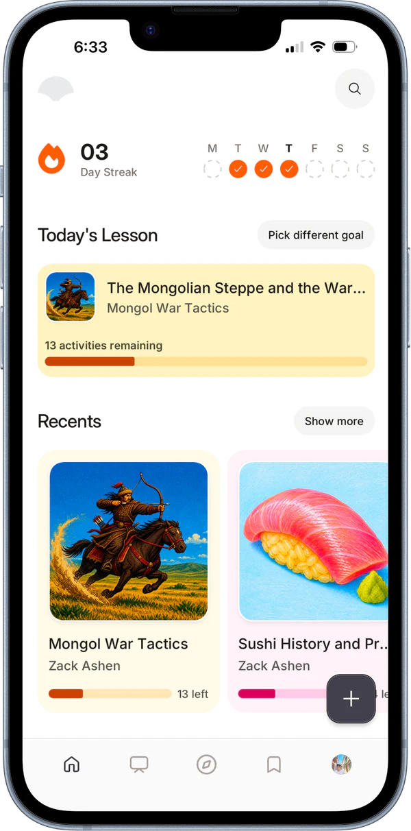 Keet home screen with a daily streak, today's lesson, and recent courses